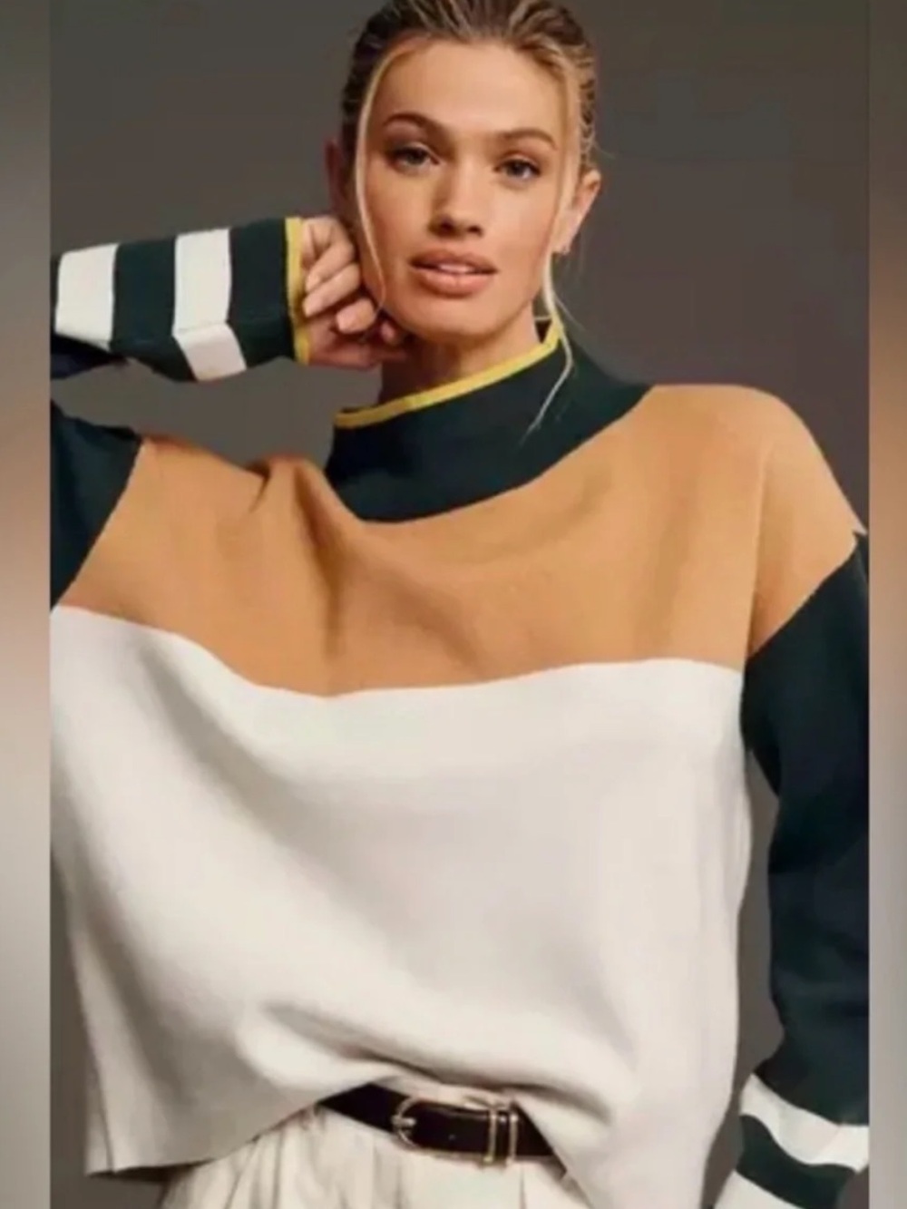 Carys Colorblock Mock Neck Sweater - Black, Tan & Cream